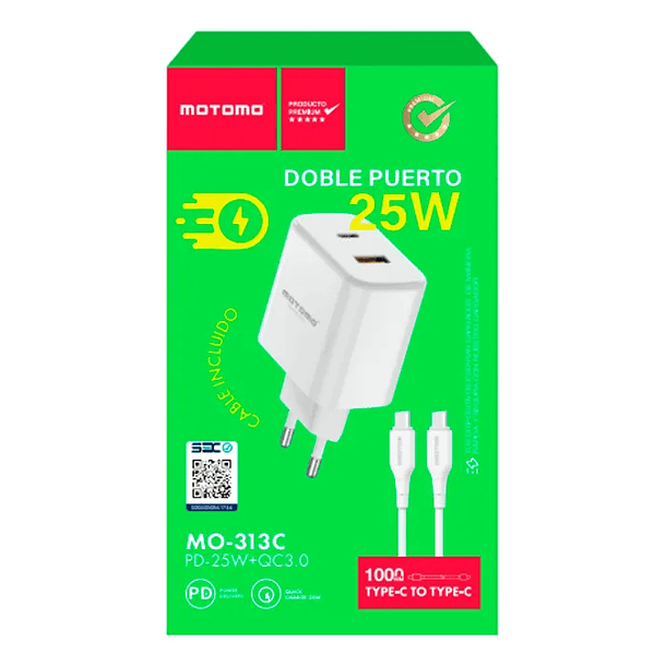 Cargador USB-C A USB-C completo Motomo PD 25W dual  4