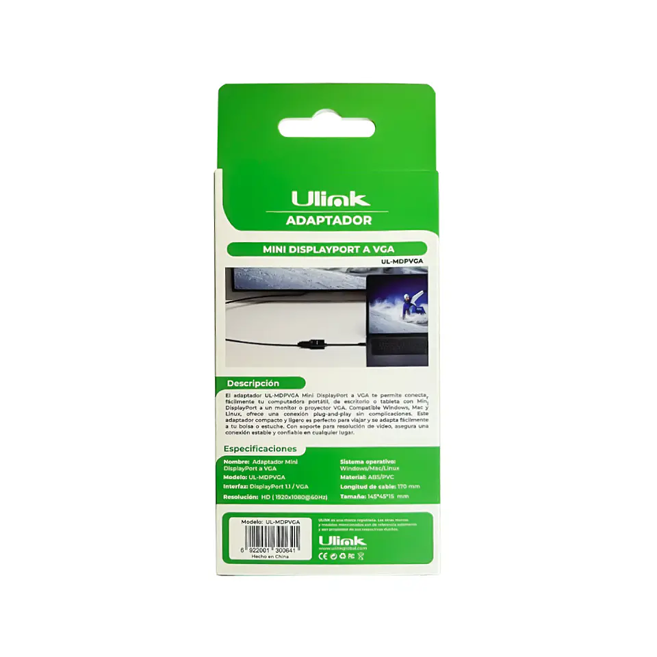 Adaptador de video Mini Display Port Macho a VGA hembra 3