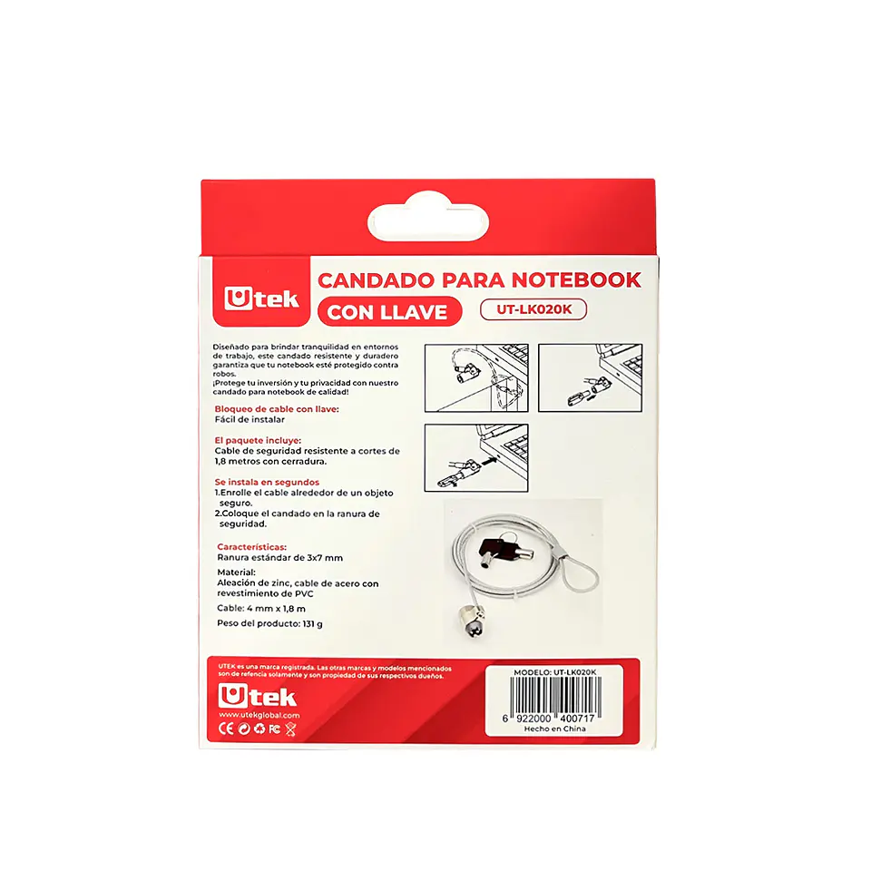 Candado para notebook Slot universal con llave 1,8mts largo y 4mm de espesor UT-LK020K 4