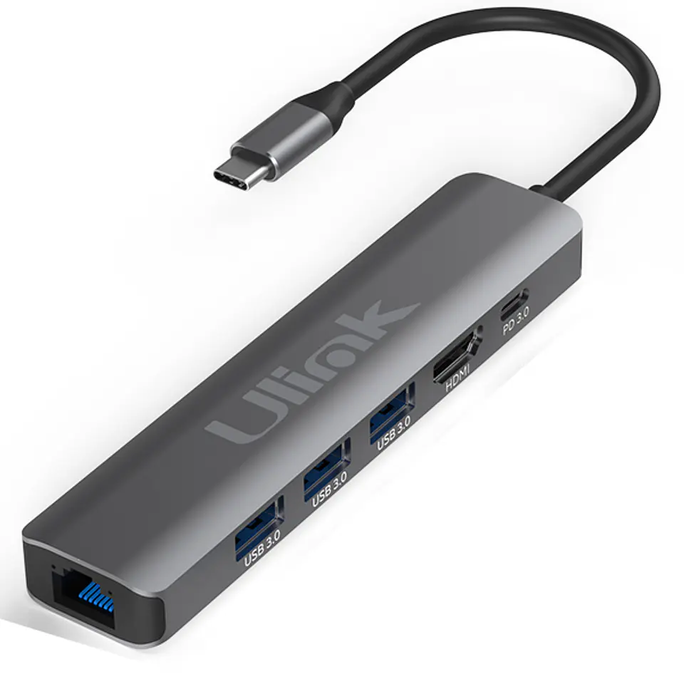 Hub adaptador USB-C 6 en 1 RJ45 + 3 USB 3.0 + HDMI + PD USB-C 1