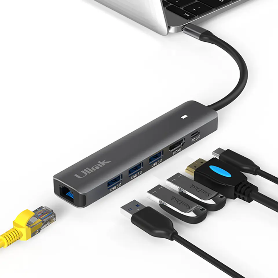 Hub adaptador USB-C 6 en 1 RJ45 + 3 USB 3.0 + HDMI + PD USB-C 2