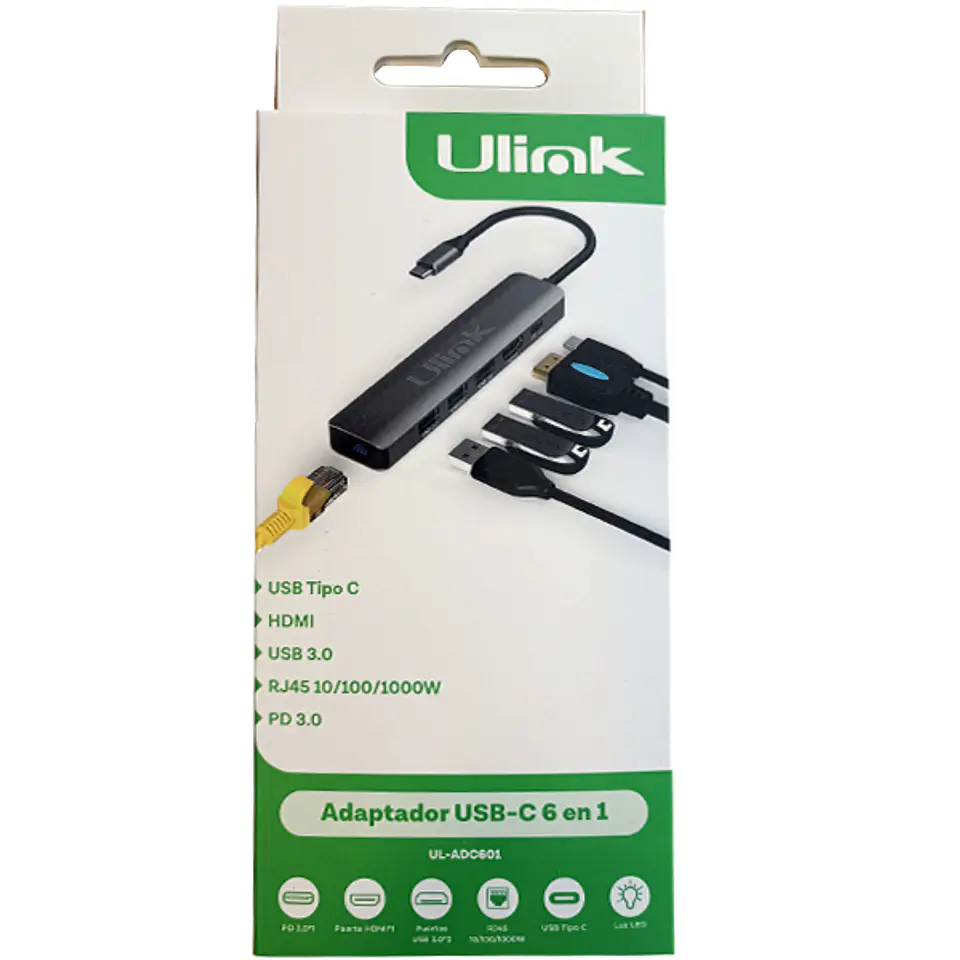 Hub adaptador USB-C 6 en 1 RJ45 + 3 USB 3.0 + HDMI + PD USB-C 3