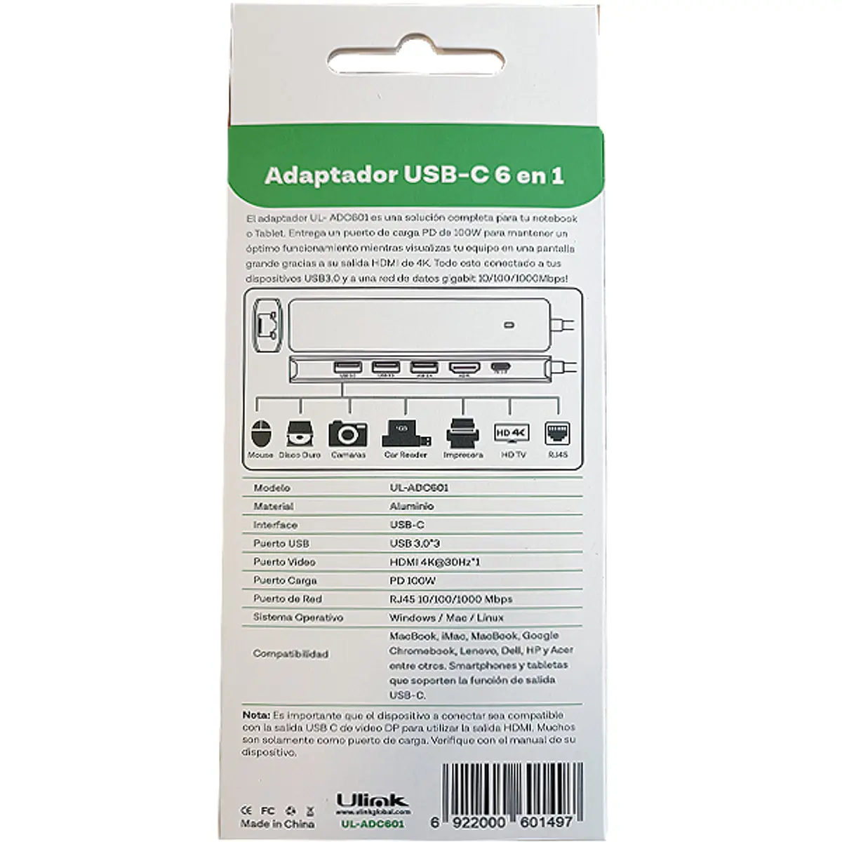 Hub adaptador USB-C 6 en 1 RJ45 + 3 USB 3.0 + HDMI + PD USB- | Easytech ...