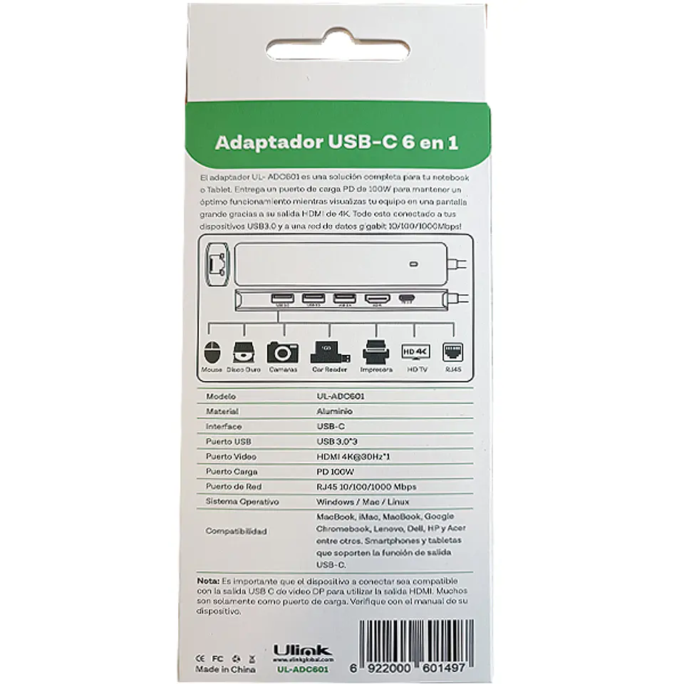 Hub adaptador USB-C 6 en 1 RJ45 + 3 USB 3.0 + HDMI + PD USB-C 4