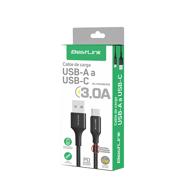 Cable de carga y datos USB a USB-C Trenzado 3.0A 1M 2