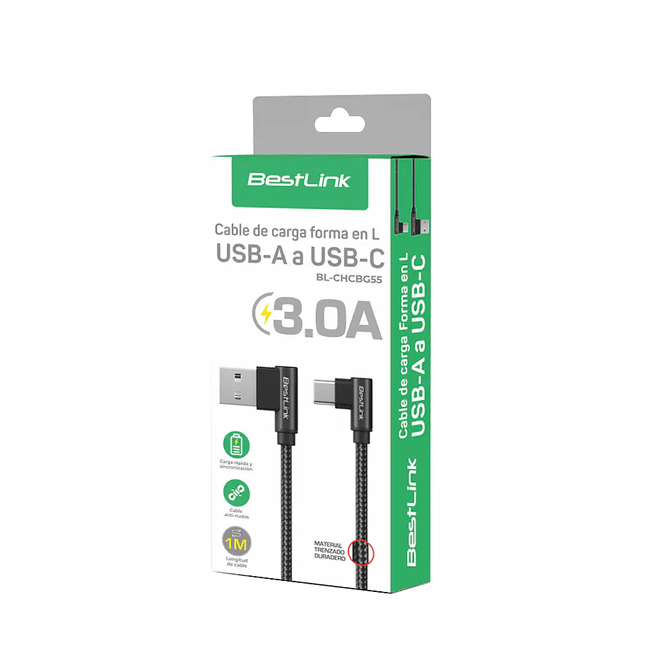 Cable de carga y datos USB-A a USB-C 3.0A Trenzado en L 2
