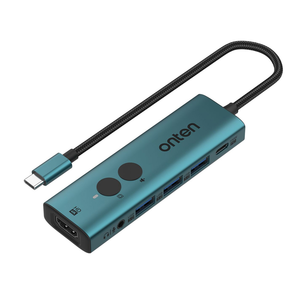 Adaptador multi-puerto USB-C 6 en 1 con boton para monitor HDMI, Audio, 3 USB 1PD 85W