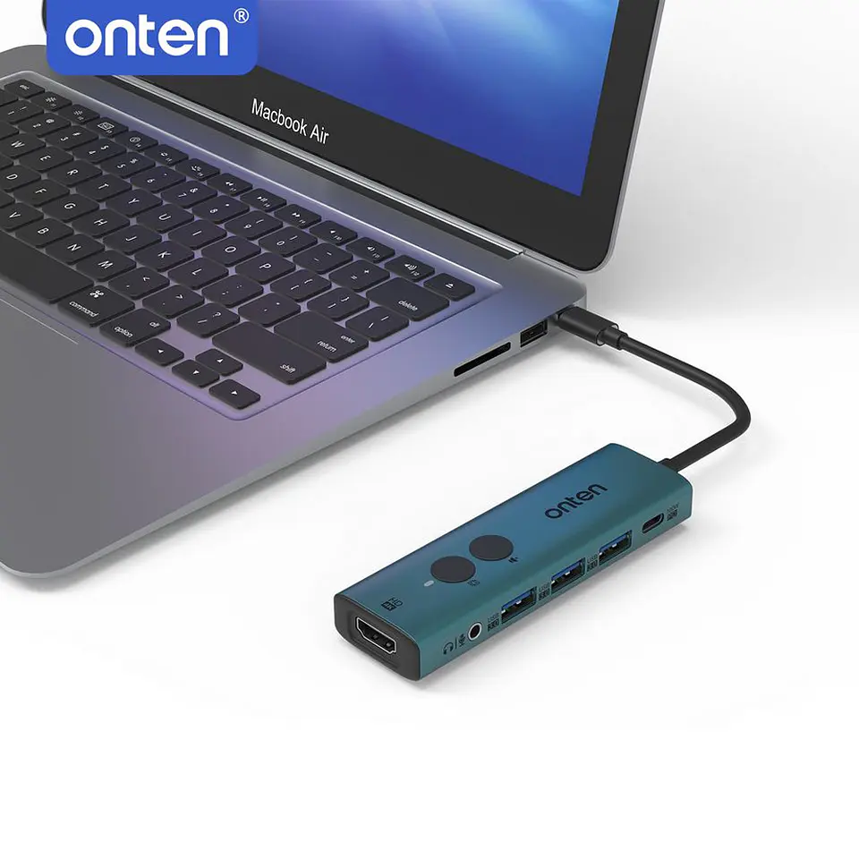 Adaptador multi-puerto USB-C 6 en 1 con boton para monitor HDMI, Audio, 3 USB 1PD 85W  2