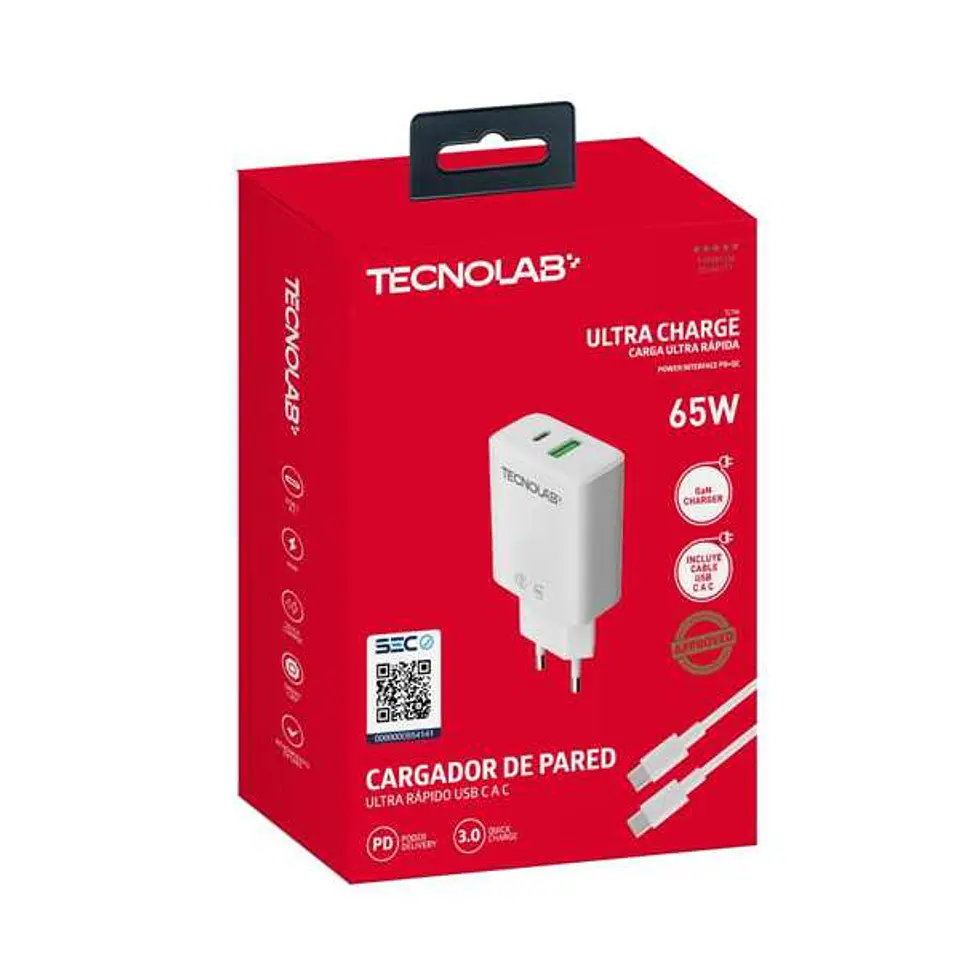 Cargador ultra rápido 65W USB-C a C + 1USB 3.0 con cable  1