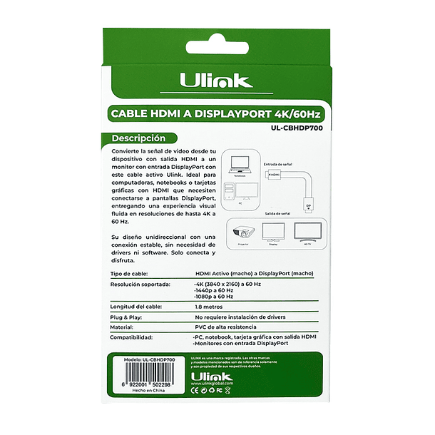 Cable HDMI a display port 4K/60HZ 1.8M  3