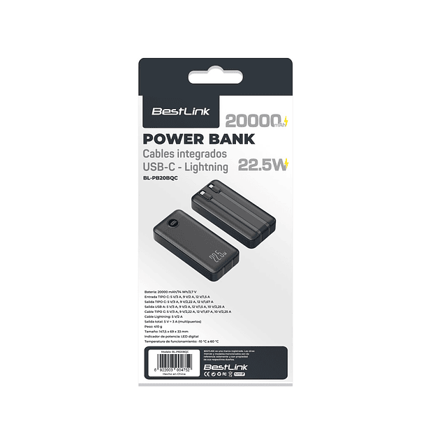 Powerbank 20.000 mah 22.5w incluye dos cables iphone y Usb C DUAL IMPUT 4
