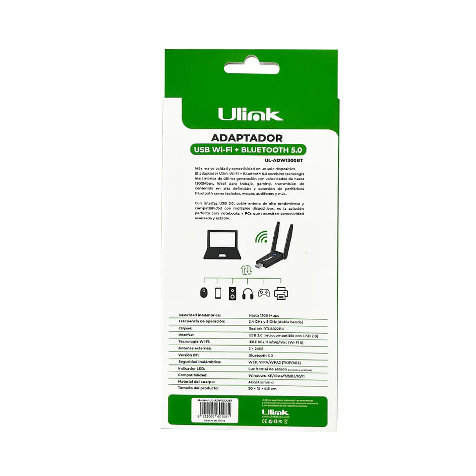 Adaptador Bluetooh + WIFI 2.4 y 5G 1300mbps  3