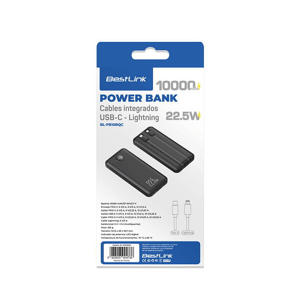 Powerbank 10.000 mah 22.5w incluye dos cables iphone y Usb C DUAL IMPUT 4