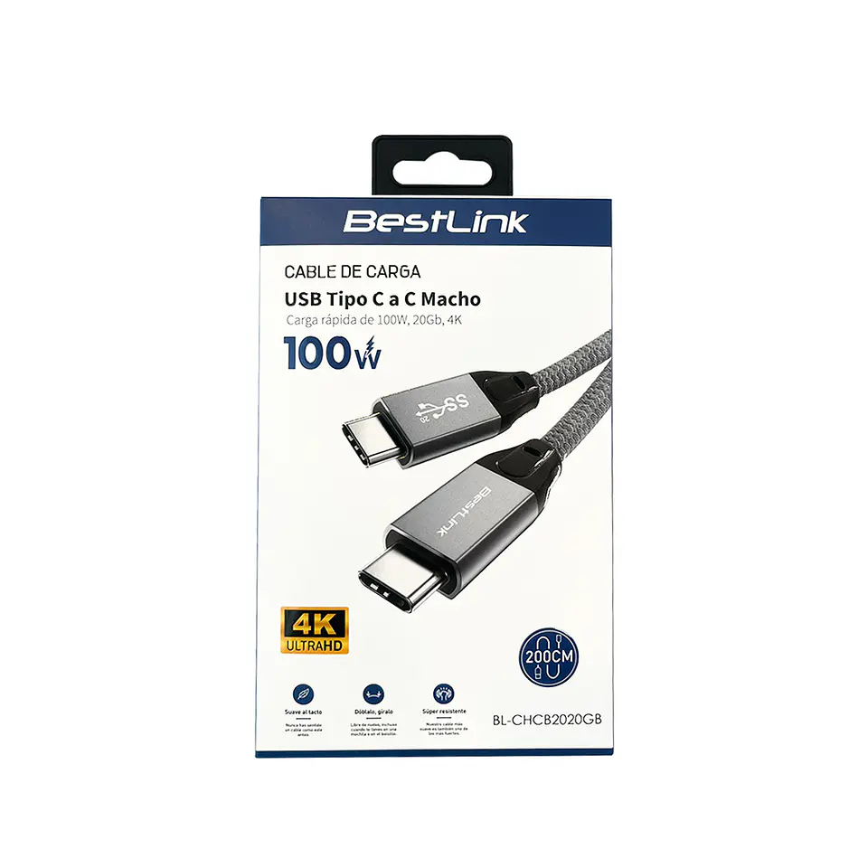 Cable de carga USB tipo C a C, carga rápida de 100W, 20Gb, 4K, 2 m 4