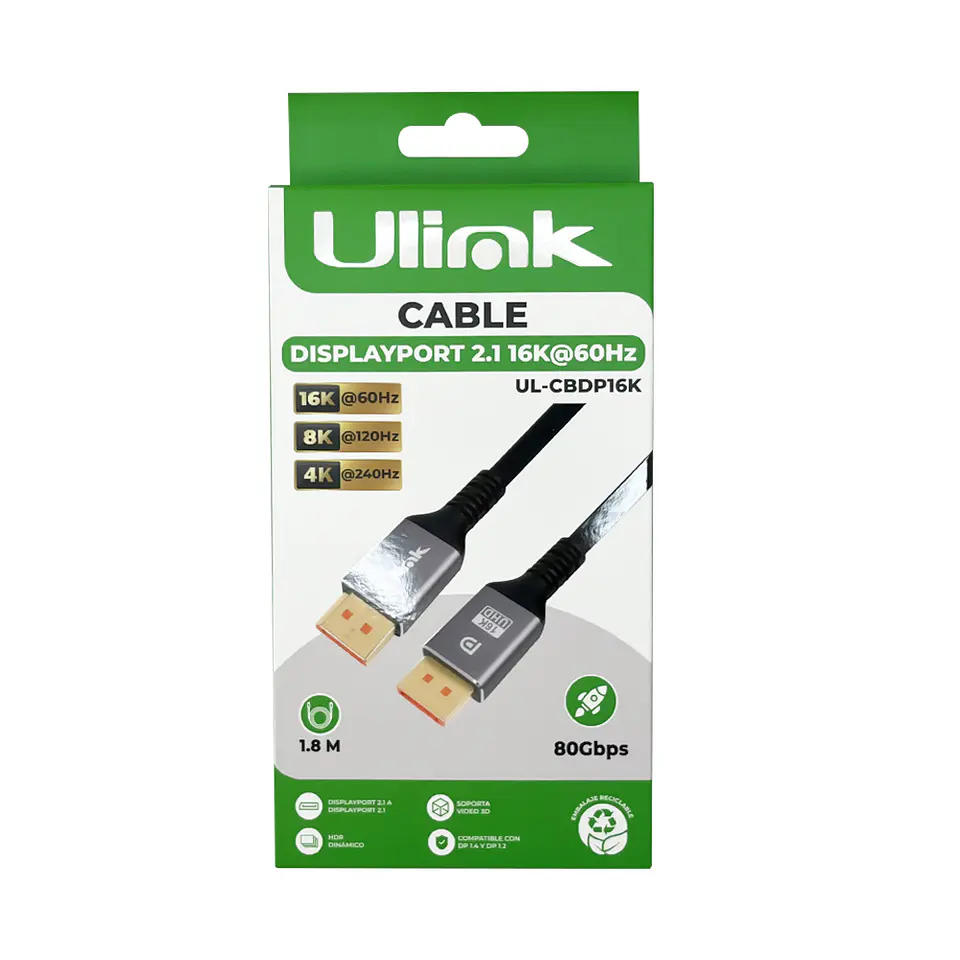 Cable DisplayPort 2.1 M-M 16K@60Hz 1.8mts 2