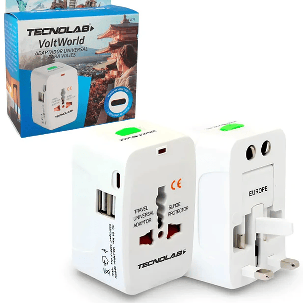 Adaptador de viaje universal 110v-240v con puertos USB y tipo c Tecnolab TL777 