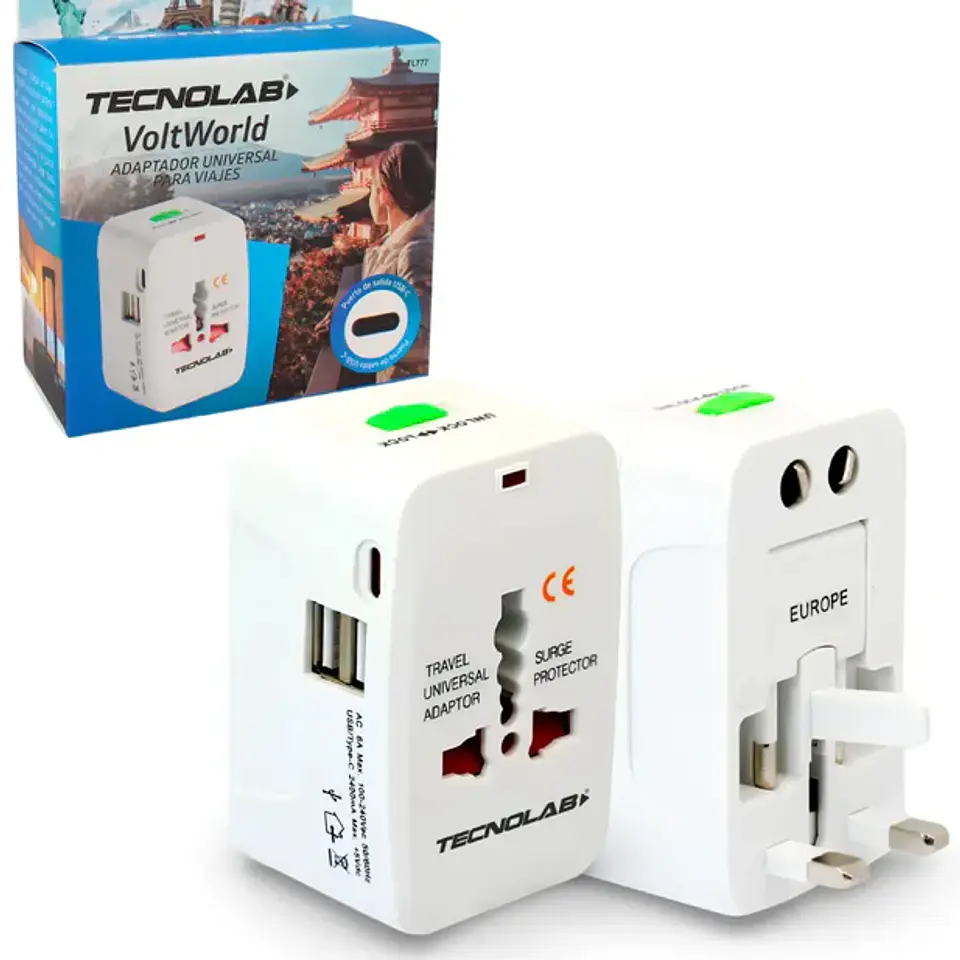 Adaptador de viaje universal 110v-240v con puertos USB y tipo c Tecnolab TL777  1