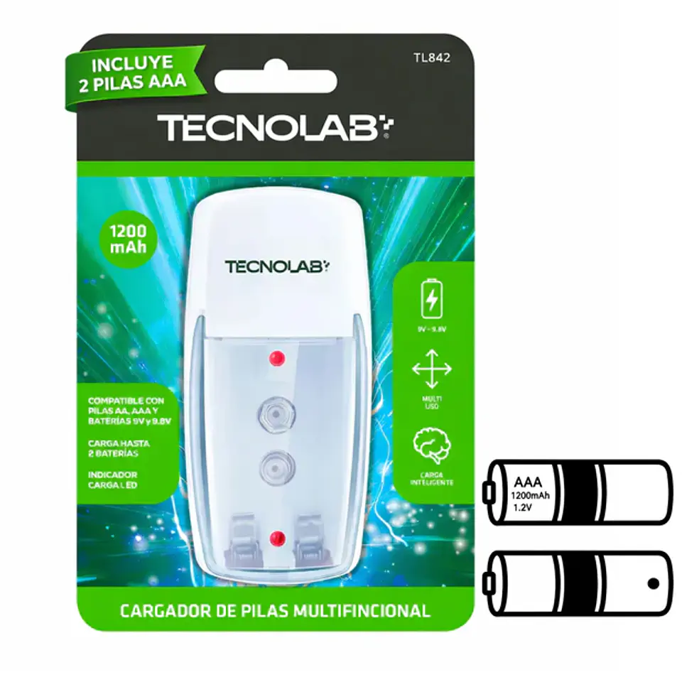 Cargador de pilas AA, AAA Y 9V con 2 pilas AAA TECNOLAB TL842  1