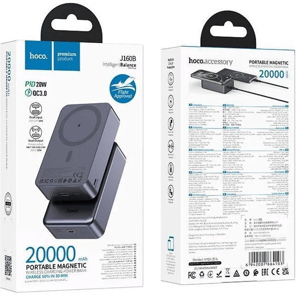 Bateria portátil inalámbrica 20W magnetica  dual imput 20.000mah J160B  3