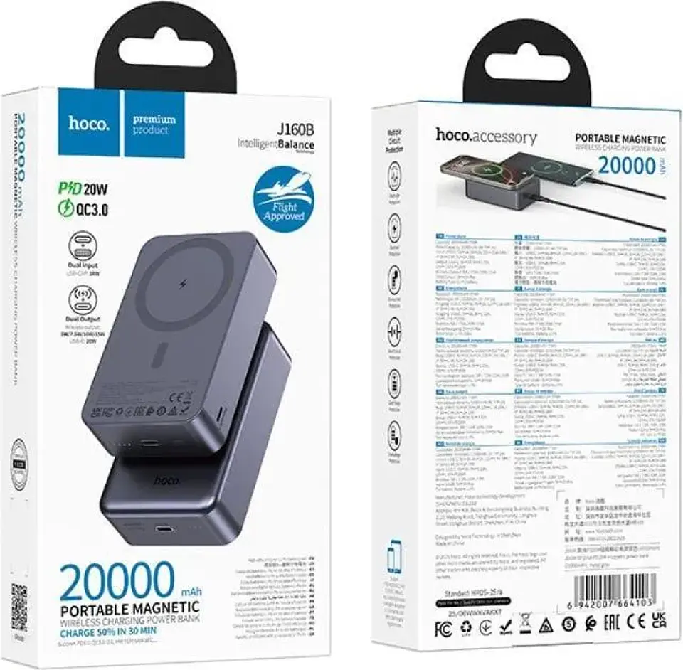 Bateria portátil inalámbrica 20W magnetica  dual imput 20.000mah J160B  3