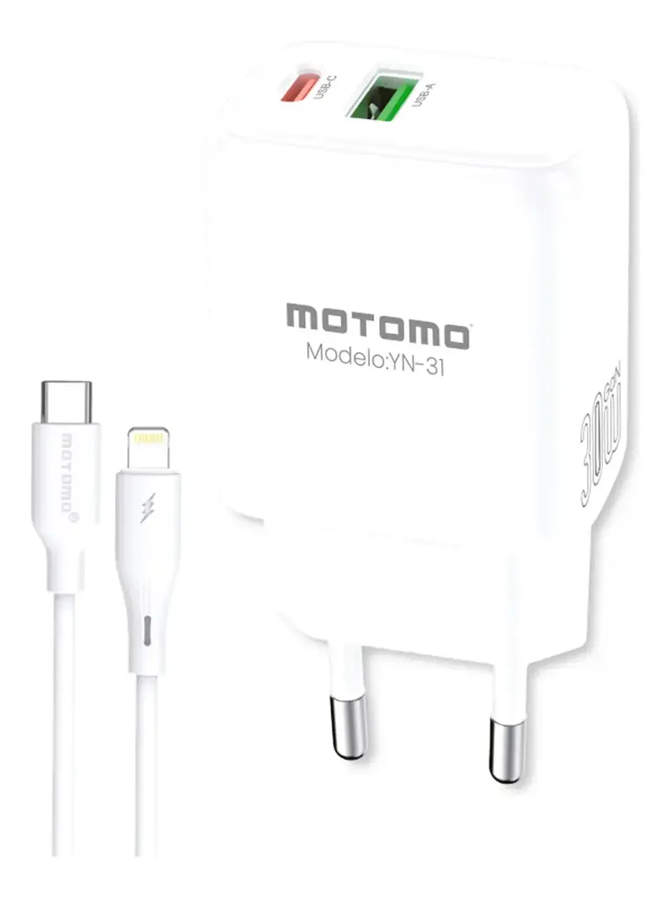 Cargador motomo dual USB-C + Cable tipo c a lightning 30W YN-31  1
