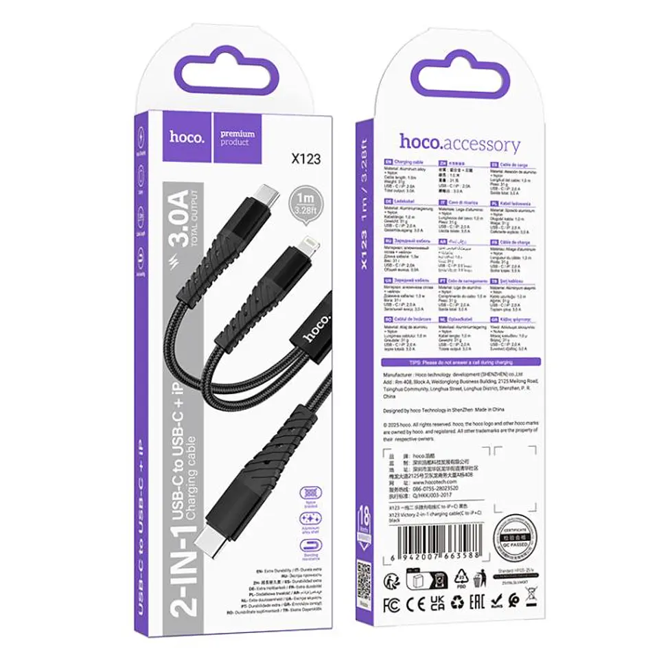 Cable de carga y datos X123 Tipo c a tipo c + lightning trenzado 1m 4