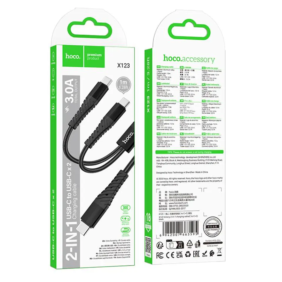 Cable de carga y datos X123 Tipo c a tipo c + c trenzado 1m 4