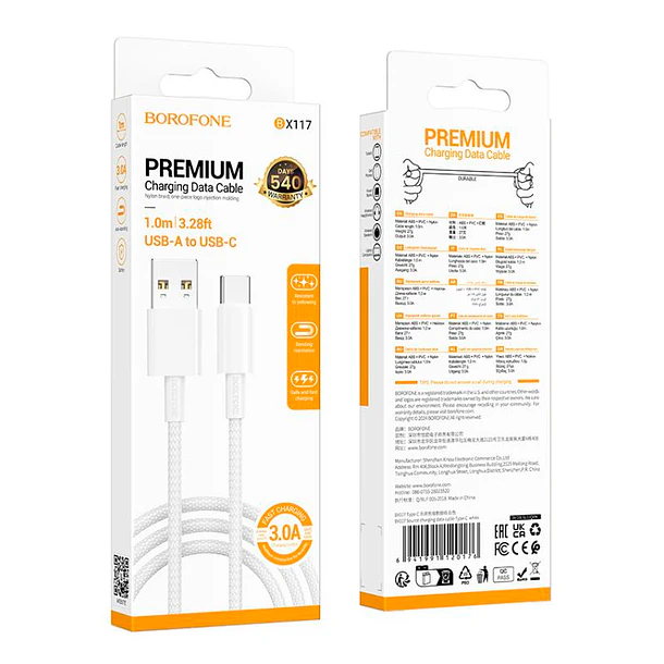Cable de carga y datos USB-C blanco 3.0 Trenzado BX117 1m 3