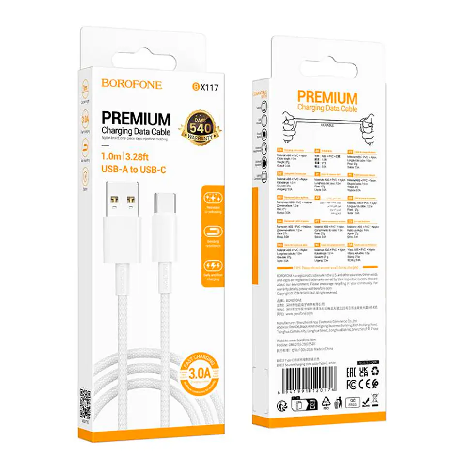 Cable de carga y datos USB-C blanco 3.0 Trenzado BX117 1m 3