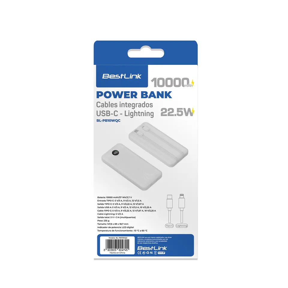 Powerbank 10.000 mah 22.5w incluye dos cables iphone y Usb C DUAL IMPUT Blanco  4