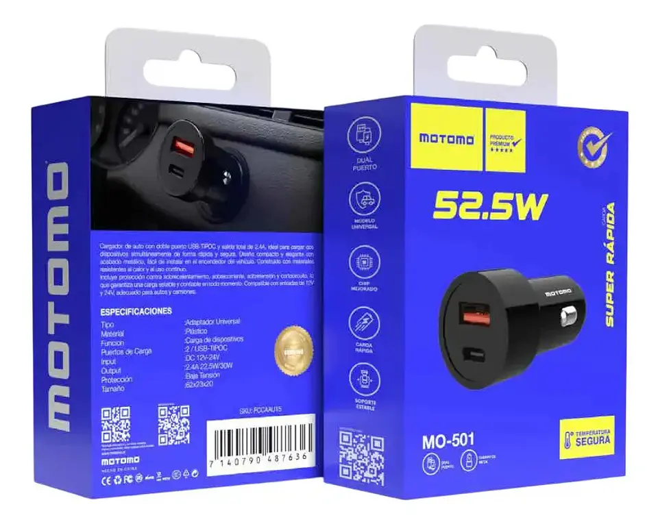 Cargador para vehículo DUAL super carga rápida 52.5W mo-car51  2