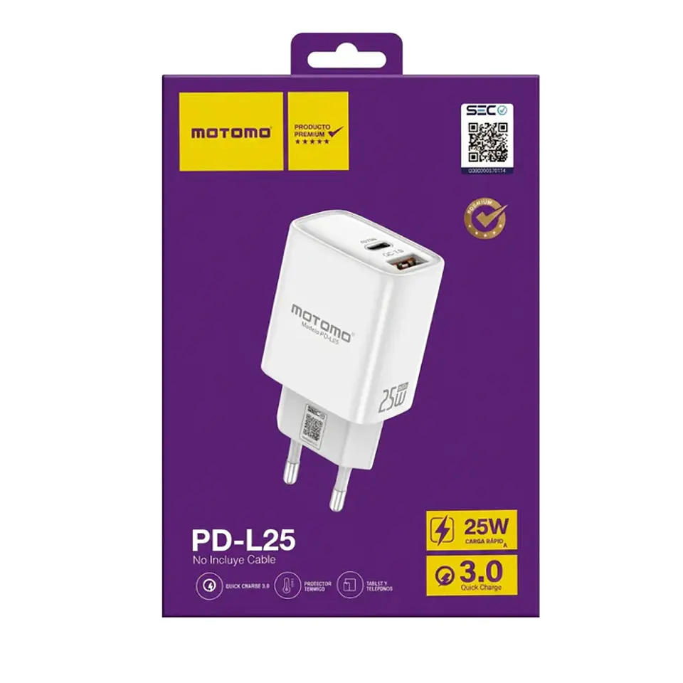 Cargador USB-C 25W DUAL USB-C y USB motomo PD-L25  2