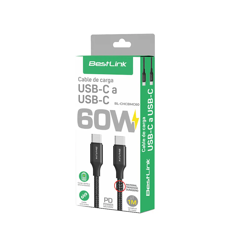 Cable de carga y datos USB-C A USB-C 60w negro 1M  2