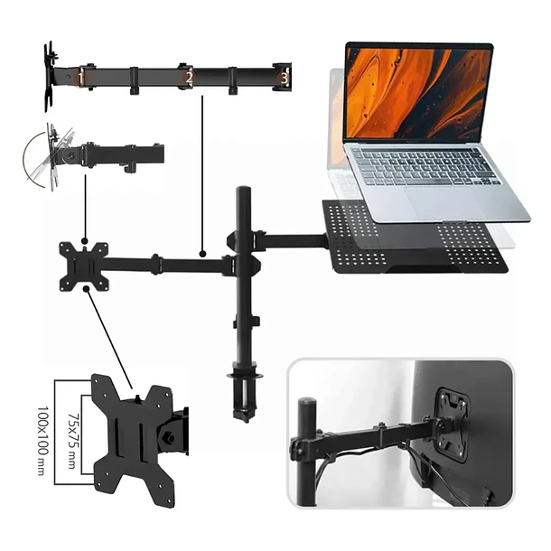Soporte monitor y notebook brazo articulado escritorio negro 2