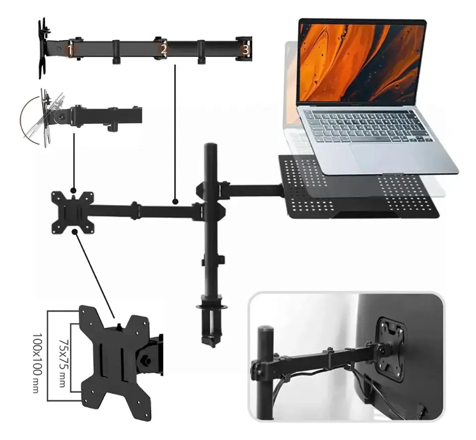 Soporte monitor y notebook brazo articulado escritorio negro 2