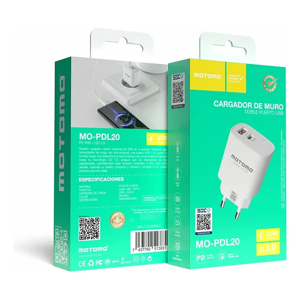 Cargador de pared Dual USB + USB-C sin cable motomo 20W MO-PDL20  2