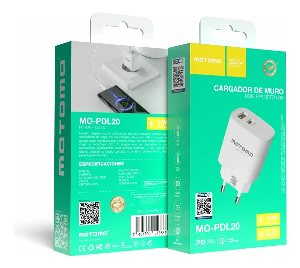Cargador de pared Dual USB + USB-C sin cable motomo 20W MO-PDL20  2