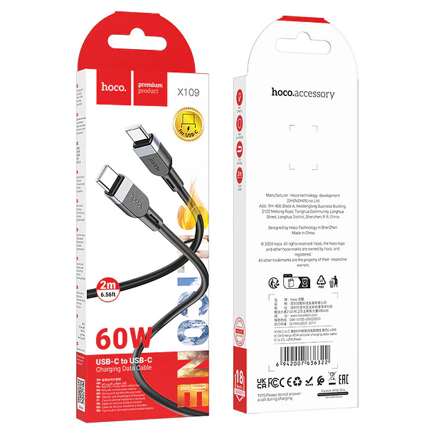 Cable Tipo C a Tipo C Hoco X109 2 Metro 60w Negro 3