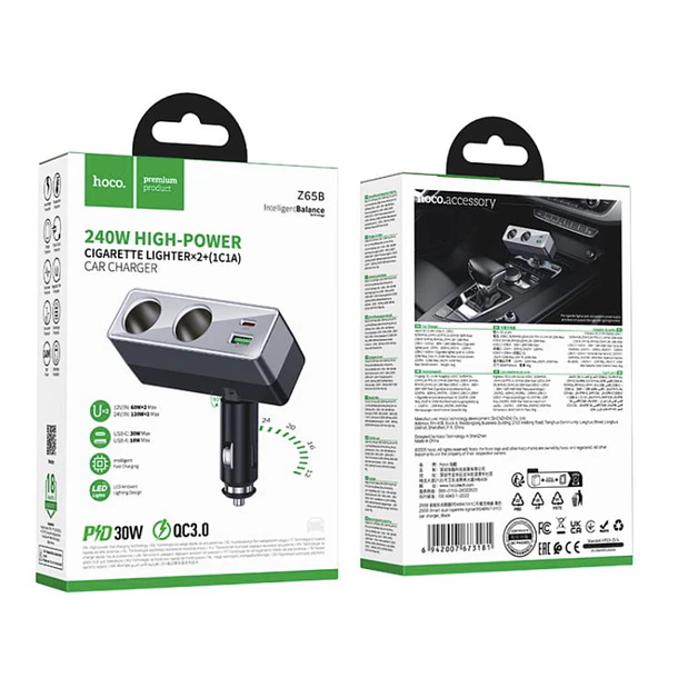 Cargador de Auto Hoco Z65b 240w Dual Puerto Tipo C Encendedor 2