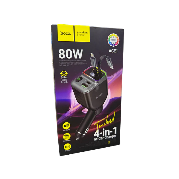 Cargador De Auto 4 En 1 Hoco Ace1 Led 80w Negro 1