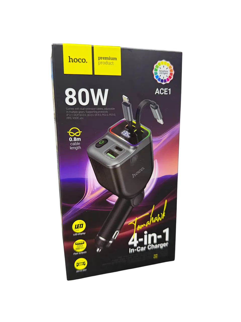 Cargador De Auto 4 En 1 Hoco Ace1 Led 80w Negro 1