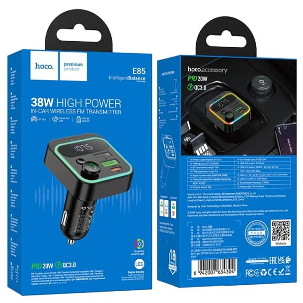 Cargador de Auto Transmisor Hoco E85 Rgb 20w Qc 3.0 Negro 3
