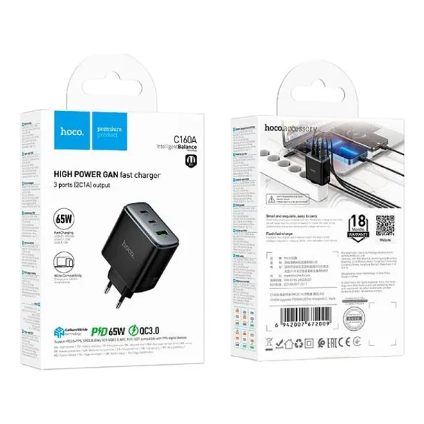Cargador Carga Rapida Hoco C160a 65w Triple Negro 3