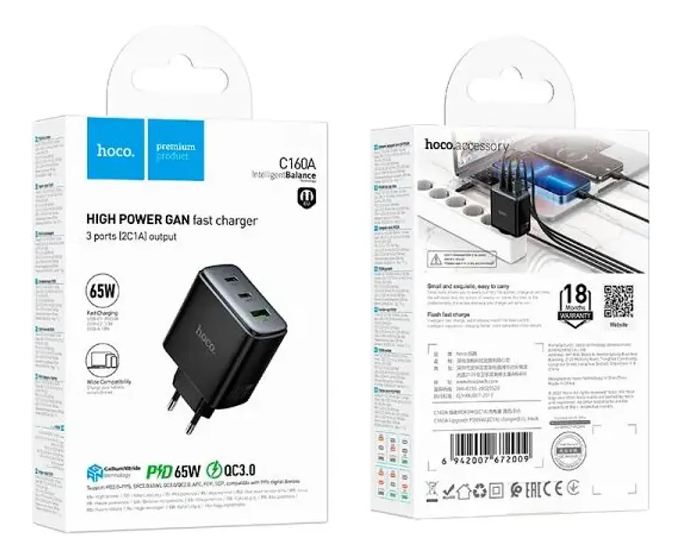 Cargador Carga Rapida Hoco C160a 65w Triple Negro 3
