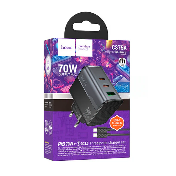 Cargador Carga Rapida Hoco Cs75a 70w Triple Tipo C Negro 2
