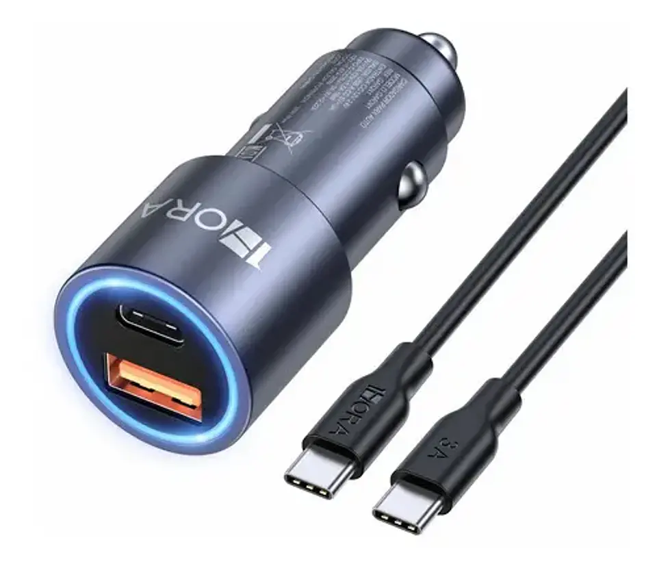 1Hora Cargador para Auto 38w Carga Rápida PD 20W y QC 3.0 18W con Cable Tipo C Color Gris 1