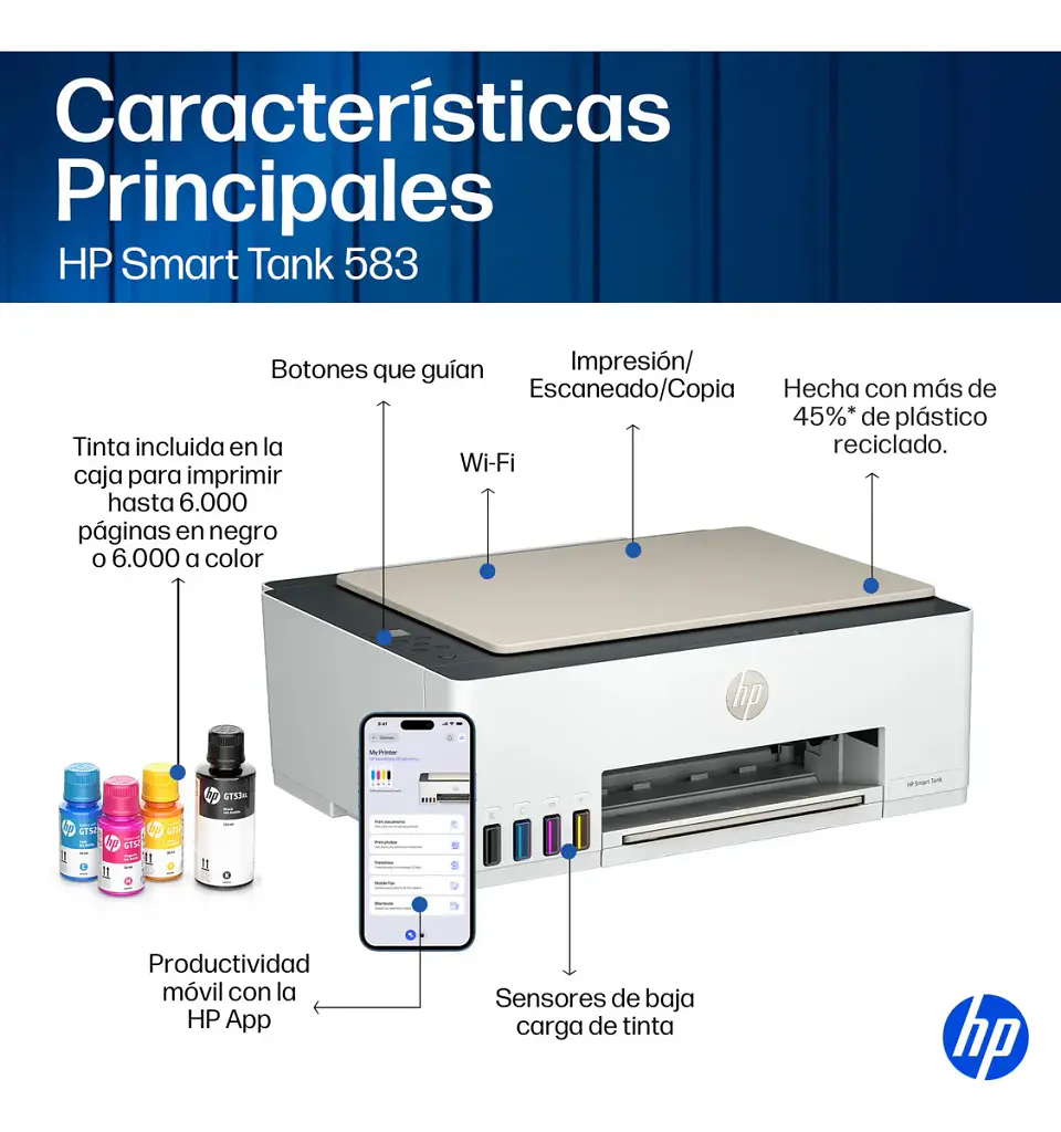 Impresora multifunción a color HP Smart Tank 583 con wifi 3