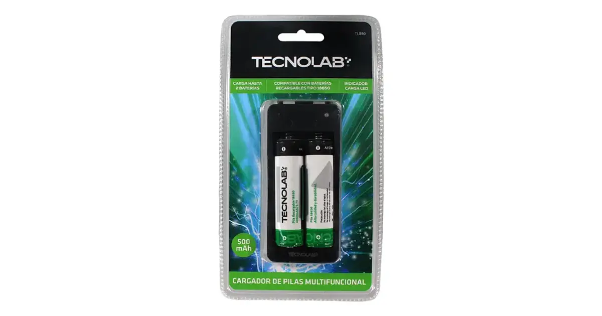 Cargador de pilas 18650 + 2 pilas 18650 tecnolab
