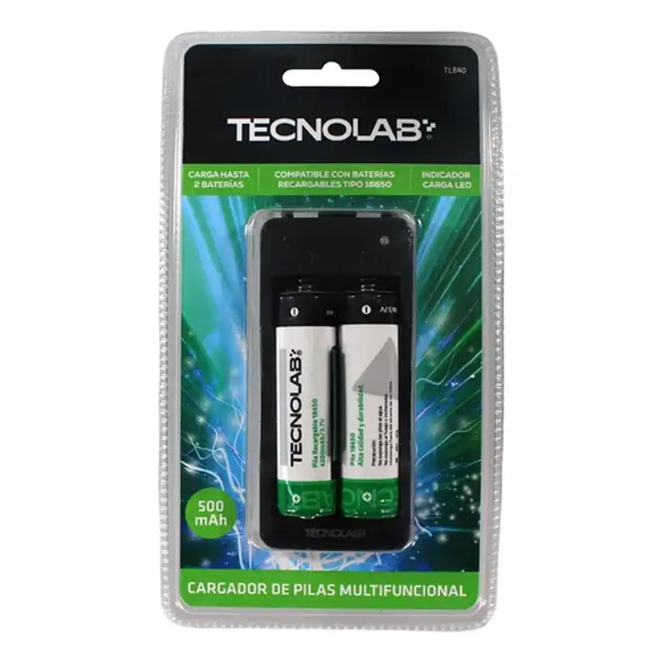 Cargador de pilas 18650 + 2 pilas 18650 tecnolab  1