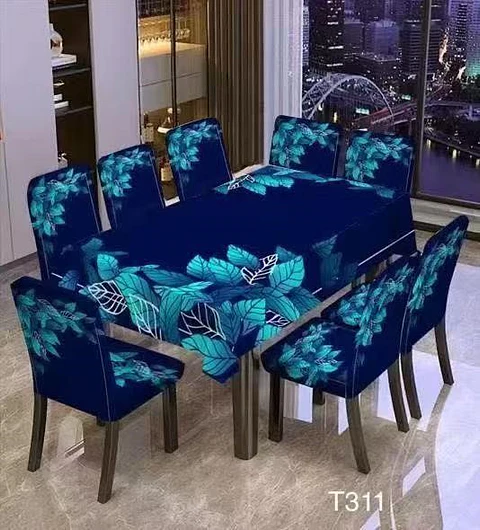 SET MANTEL TELA POLIESTER CON 8 FUNDAS DE SILLAS ELÁSTICADAS